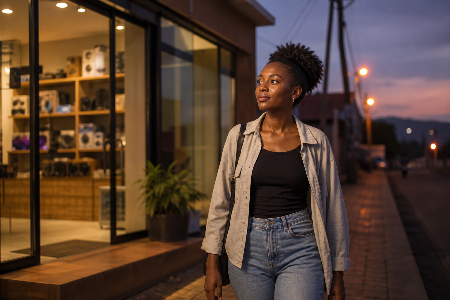 A shop owner walking outside at dusk — space to think, not just to manage.