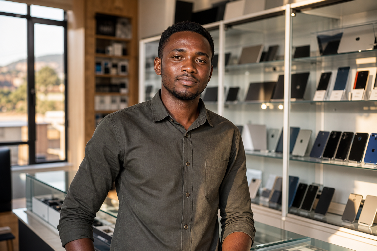 Electronics shop owner standing calmly in a modern shop, in control of the space around them.